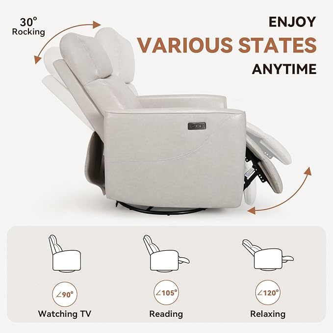 Himimi Power Massage Recliner Chair, Oversized Swivel Rocker Chair with Vibration Massage and Heat, Glider Recliner for Adults, USB Charging, Side Pocket, Nursery, Living Room, Bedroom (Ivory)