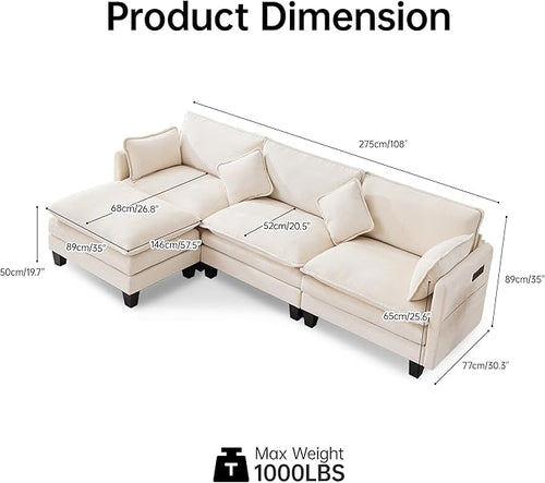 108" Modular Sectional Couches for Living Room with Ottoman, L Shaped Cloud Couch with Charger, USB & Type-c Port, Comfy 4 Seats Sofas with Deep Seat, Chenille Fabric, Beige