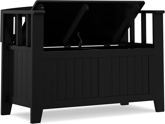 SIMPLIHOME Acadian Entryway Storage Bench - 36 inch Wide Solid Wood Small Hallway Seat in Black, Transitional Bench for Mudroom or Entryway with Lift-Up Lid, 2 Compartments and Slatted Backrest