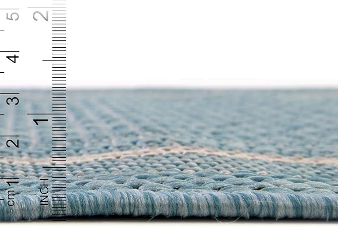 Unique Loom Outdoor Border Collection Area Rug - Soft Border (10' 8" Square, Aquamarine/ Ivory)