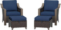 Patio Metal Wicker Chairs with Ottomans Set of 2, Outdoor Conversation Furniture Set - 2 Armchairs | 2 Wicker Ottomans, Removable Cushions, PE Rattan, Front Porch (Navy Blue)