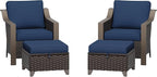 Patio Metal Wicker Chairs with Ottomans Set of 2, Outdoor Conversation Furniture Set - 2 Armchairs | 2 Wicker Ottomans, Removable Cushions, PE Rattan, Front Porch (Navy Blue)