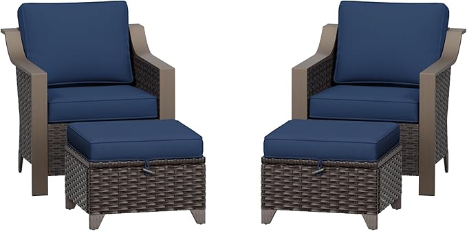 Patio Metal Wicker Chairs with Ottomans Set of 2, Outdoor Conversation Furniture Set - 2 Armchairs | 2 Wicker Ottomans, Removable Cushions, PE Rattan, Front Porch (Navy Blue)