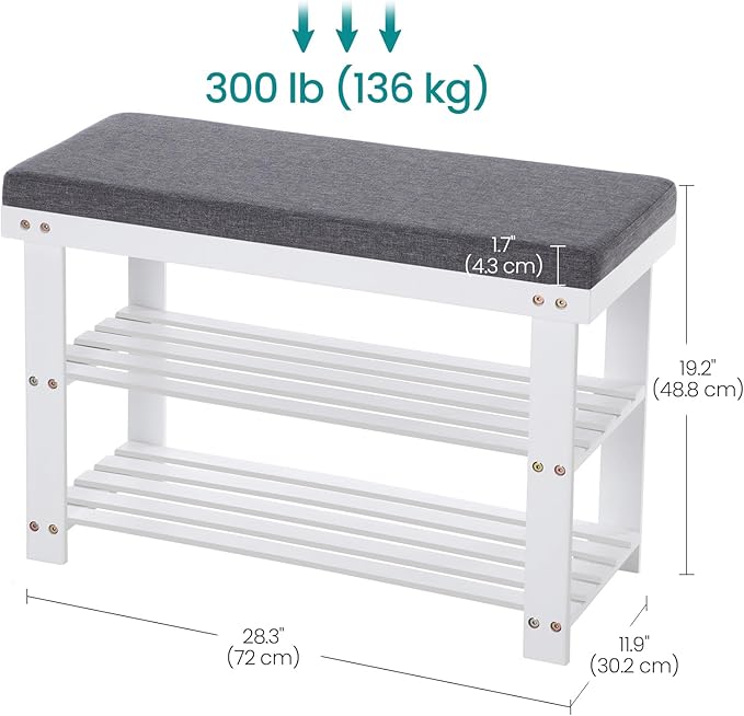 SONGMICS Bamboo Shoe Bench, 3-Tier Shoe Rack Organizer for Entryway, Living Room, Bench Seat Holds Up to 300 lb, 11.9 x 28.3 x 19.2 Inches, Cloud White and Slate Gray ULBS604W01