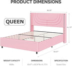 Queen Bed Frame with LED Lights, Faux Leather Upholstered Bed with Wingback Headboard, Modern Bed Frame, No Box Spring Needed, Easy Assembly, Pink
