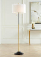 Possini Euro Design Roxie Modern Glam Floor Standing Lamp 65.5" Tall Sleek Brass Black Metal Double Layer Linen and Sheer Drum Shade Decor for Living Room Reading House Bedroom Home