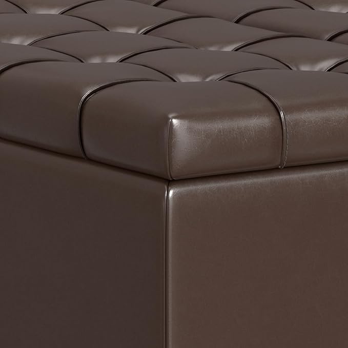 SIMPLIHOME Harrison 30 inch Wide Transitional Square Small Coffee Table Storage Ottoman in Chocolate Brown Vegan Faux Leather, Assembled, for The Living Room and Bedroom