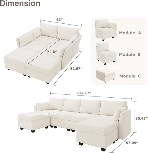 114.17" Modular Sectional Sofa, 6 Seat Sectional Couches with Storage, Memory Foam, Convertible Modular Couch for Living Room, U Shaped Comfy Modular Sofa with Chaise, Beige