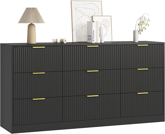 9 Drawer Dresser for Bedroom with Deep Drawers, 63" Wide Wood Dresser, Large Floor Chest of Drawers, Modern Long TV Stand, Storage Cabinet Side Table, Black
