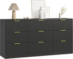 9 Drawer Dresser for Bedroom with Deep Drawers, 63" Wide Wood Dresser, Large Floor Chest of Drawers, Modern Long TV Stand, Storage Cabinet Side Table, Black