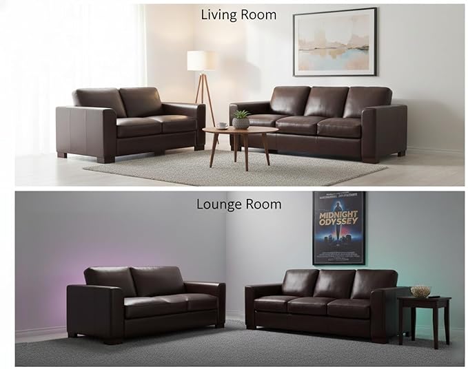 Naomi Home Freya Genuine Leather Sofa + Loveseat - Luxurious Comfort, Goose Feather Cushion Filling, Square Arm Design, Sturdy Block Legs, Elegant Espresso - Ideal for Living Room, Office, or Bedroom