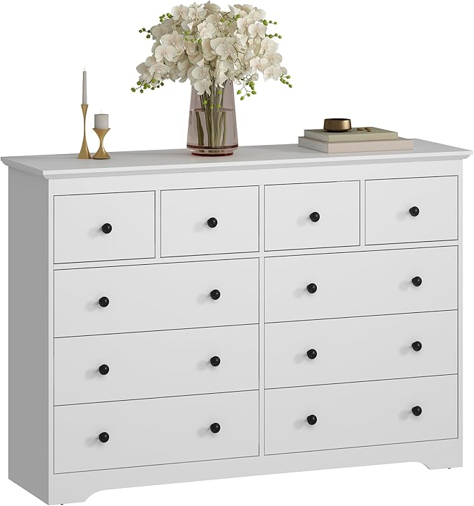 White Dresser for Bedroom, 10 Drawer Dresser with Large Drawers, 55 Inch Wide Wood Chest for Living Room, Hallway