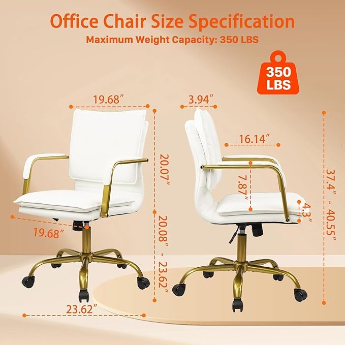 CLATINA Leather Home Office Desk Chair, Swivel Mid-Back Computer Chair with Golden Legs and Arms, Comfy Upholstered Task Chair with Wheels, White