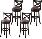 COSTWAY Bar Stools Set of 4, 30" Swivel Bar Height Bar Chairs with Copper Nails, Upholstered Seat, X-Shaped Backrest, Solid Rubber Wood Frame, for Kitchen Island Pub Bar