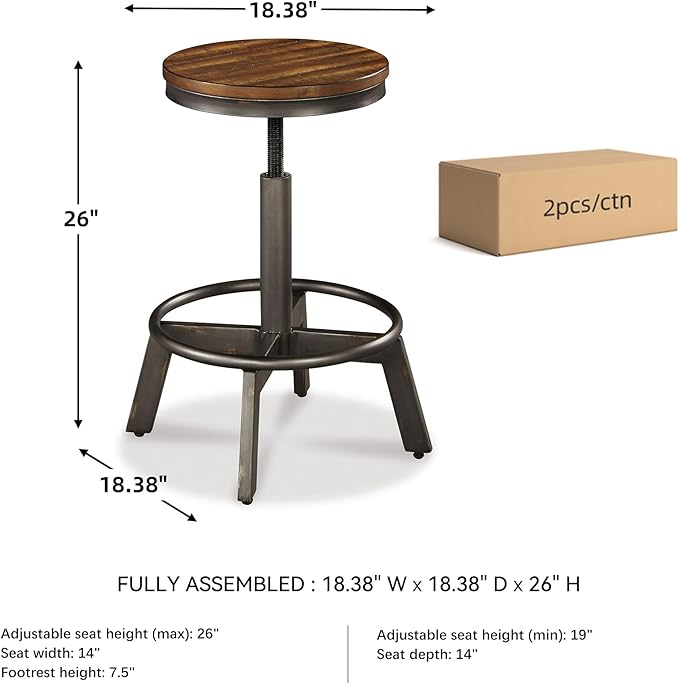Signature Design by Ashley Torjin Industrial 24" Adjustable Height Barstool, 2 Count, Brown