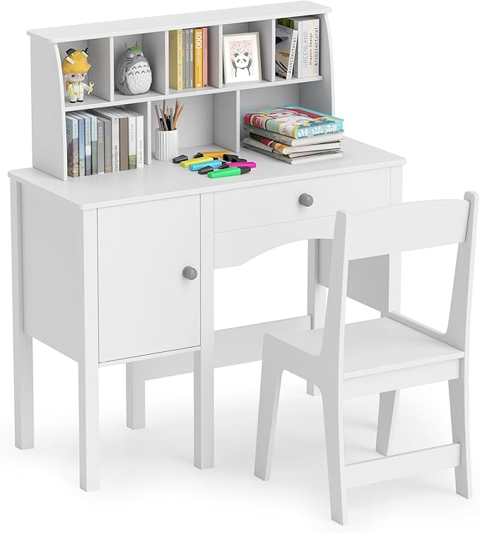 Costzon Kids Desk and Chair Set, Wooden Children Study Desk w/Hutch, Large Cabinet and Drawer for Home School Writing, Reading & Drawing, Computer Workstation Student Table and Chair for 3+ (White)