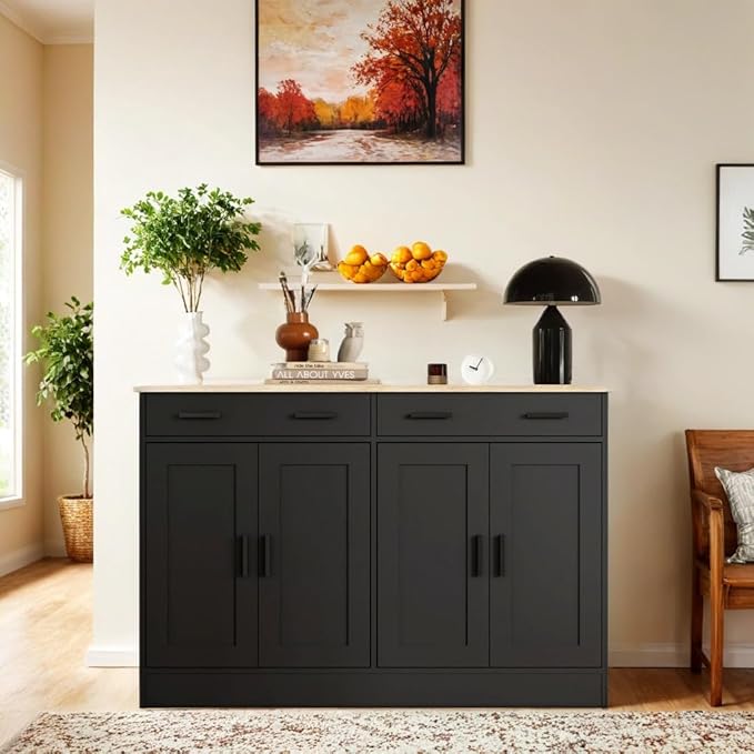 Black Sideboard Buffet with 4 Doors & 2 Drawers, Accent Coffee Bar, Kitchen Cabinet for Living Room, Kitchen or Hallway
