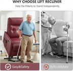 PELUMY Manual Lift Recliner Chair with Massage and Heat for Elderly, Single Motor Electric Lift Chair, Heavy Duty Recliner with USB Charging & Side Pockets (Breathable Leather, Red)