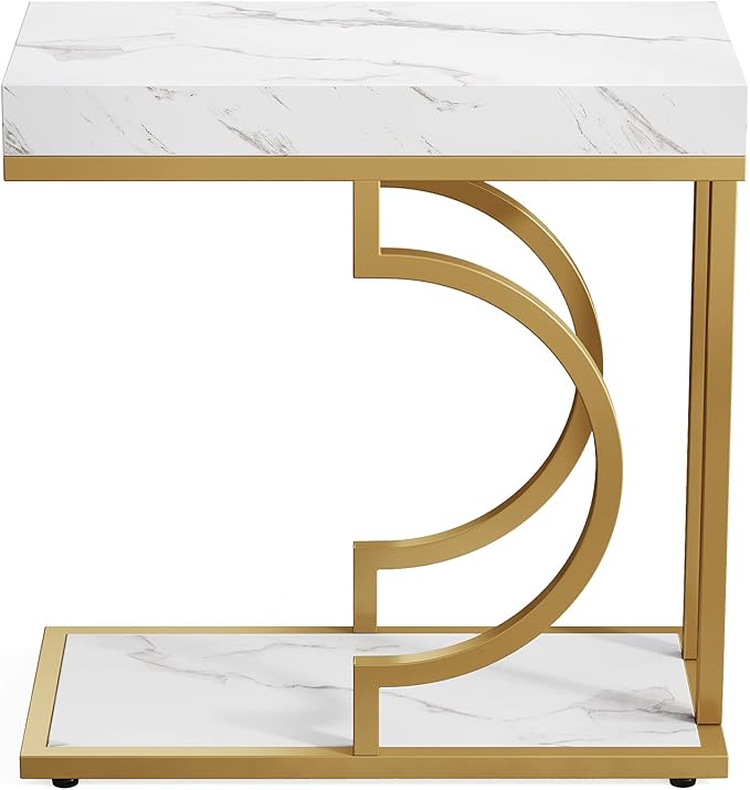 Tribesigns Narrow Side Table White Gold C Shaped End Table Modern Small Bedside Tables for Couch, Sofa Chairside Tables with Metal Frame for Living Room (2, White+Gold)