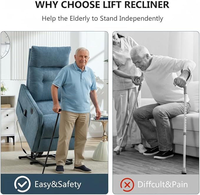 PELUMY Manual Lift Recliner Chair with Massage and Heat for Elderly, Single Motor Electric Lift Chair, Heavy Duty Recliner with USB Charging & Side Pockets (Chenille, Blue)