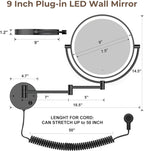 Rocollos 9" Plug-in Wall Mounted Lighted Makeup Mirror 1X/10X Magnification, Super Large Double Sided LED Vanity Mirror for Bathroom (Black)