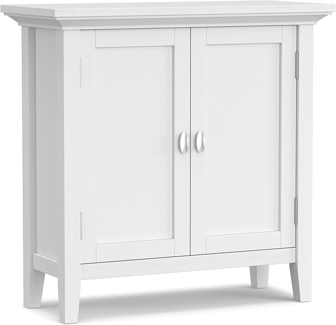 SIMPLIHOME Redmond SOLID WOOD 32 inch Wide Transitional Low Storage Cabinet in White for the Living Room, Entryway and Family Room