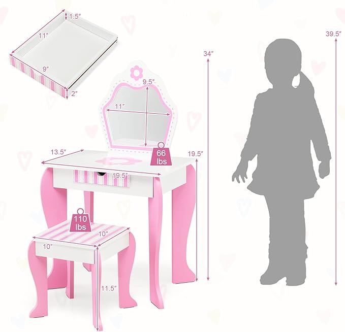 HONEY JOY Kids Vanity, Toddler Makeup Table with Mirror and Stool, Wooden Pretend Play Vanity for Little Girls, Detachable Mirror and Storage Drawer, Kids Vanity Table and Chair Set (Pink)
