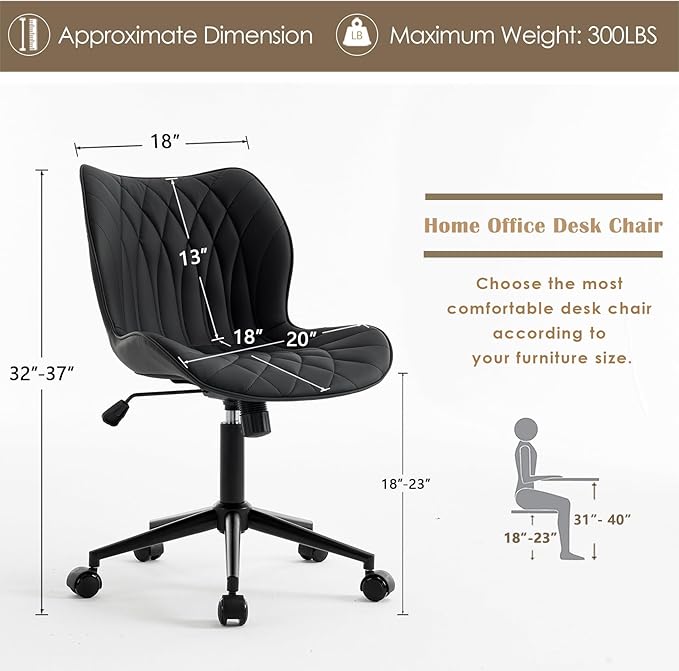 YOUNUOKE Armless Desk Chair Comfy Office Chair with Wheels Home Ergonomic Task Chair Adjustable Computer Chairs Modern Faux Leather Swivel Chair Upholstered Makeup Vanity Chair with Back(Black)