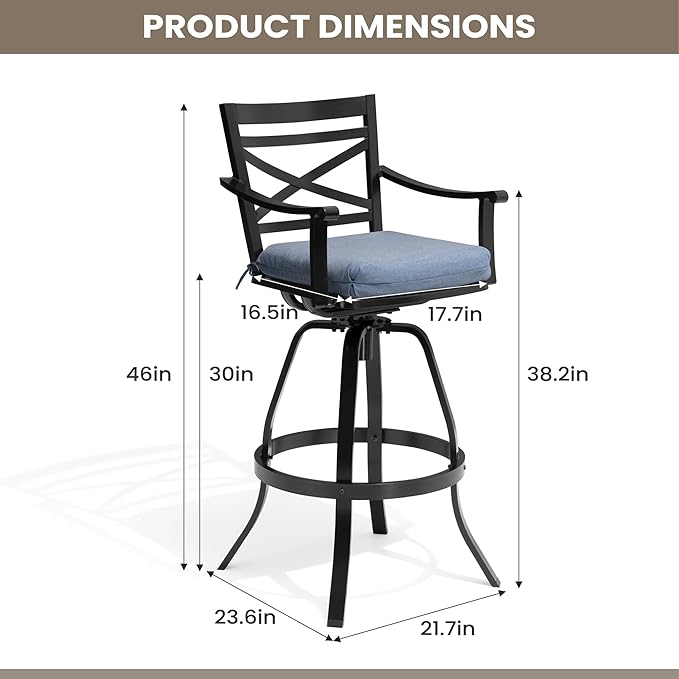 Pellebant Set of 6 Outdoor Bar Stools 30", Aluminum Swivel Patio Bar Height Bar Stools with Back & Footrest, for Deck Lawn Garden(Spectrum Denim)