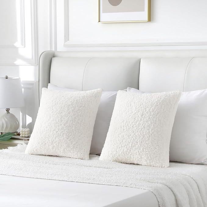 FUTEI Cream White Throw Pillow Covers 18x18 Inch Set of 2,Furry Faux Fur Teddy Boucle Textured Cushion Covers,Soft Fluffy Decorative Pillow Case,Home Decor for Couch Bed Living Room Office Car