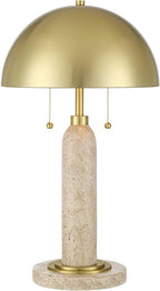 Possini Euro Design Chanterelle 24 1/2" High Mushroom Mid Century Modern Table Lamp Pull Chain Beige Faux Stone Finish Single Brass Dome Shade Living Room Bedroom Bedside Nightstand House Office