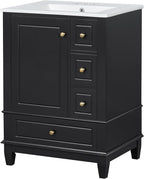 24 Inch Bathroom Vanity with Sink, Freestanding Bathroom Sink Cabinet with 3 Drawers and Storage Door Rack Organizer, Solid Wood Legs, Black
