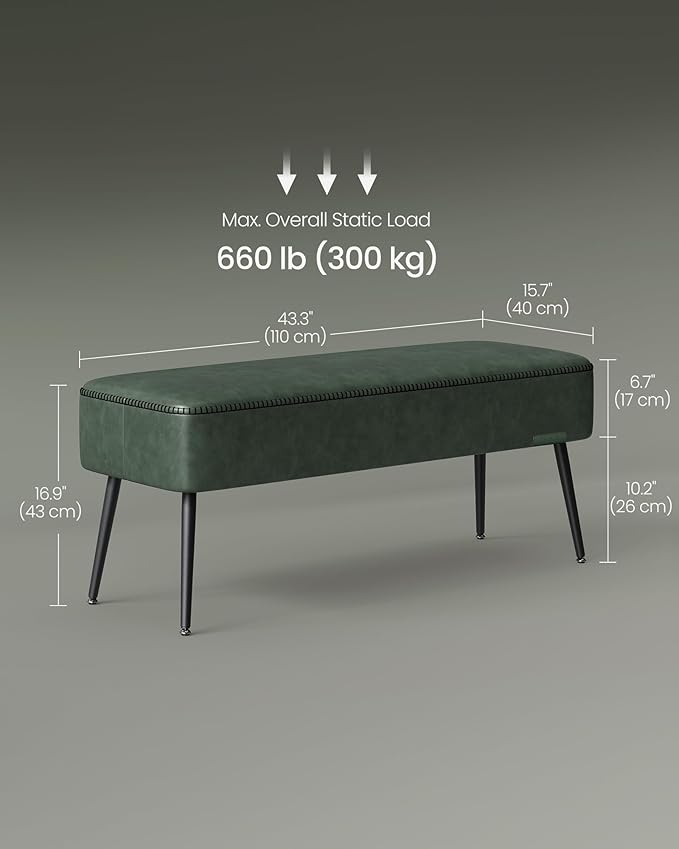 VASAGLE EKHO Collection - Bench for Entryway Bedroom, Synthetic Leather with Stitching, Ottoman Bench with Steel Legs, Living Dining Room, Mid-Century Modern, Loads 660 lb, Forest Green ULOM076C01