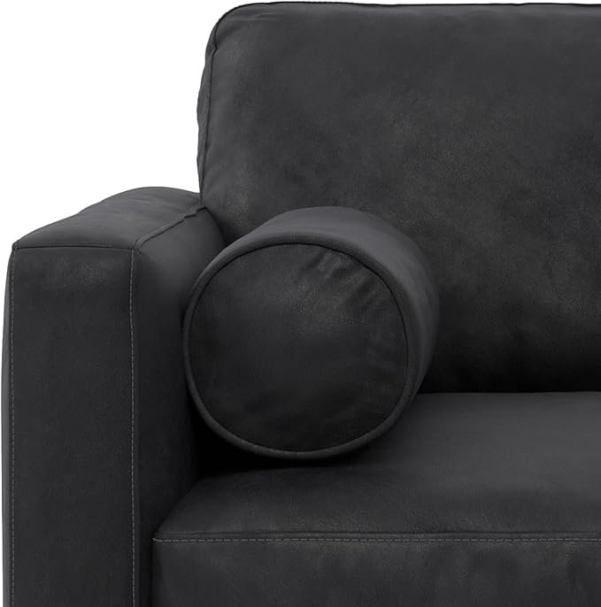 SIMPLIHOME Morrison Accent Chair - 43 inch Wide Upholstered Top Grain Genuine Leather Mid-Century Modern Arm Chair with Solid Wood Frame in Lead Black, for Living Room with 2 Bolster Pillows