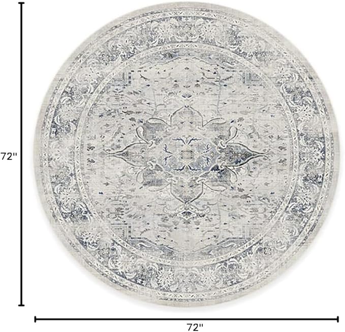RUGGABLE Washable Vintage Area Rug – Sarrah Blue Quartz 6 ft Round, Stain-Resistant, Non-Slip – Medium Machine Washable Rugs for Living Room, Bedroom, Hallway, Entryway & Office–with Standard Pad