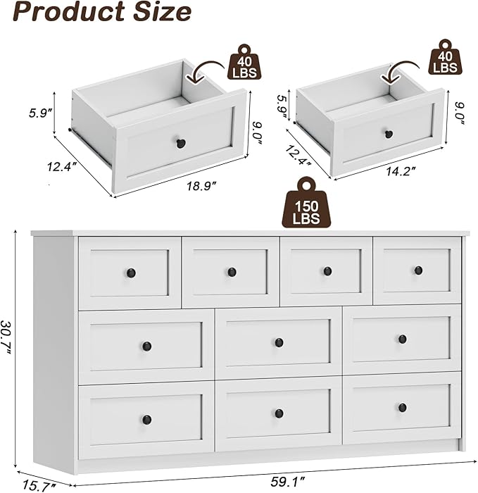 10 Drawer Double Dresser for Bedroom, 59.1" Wide Dressers & Chests of Drawers with Large Capacity Storage,White Dresser for Bedroom,Hallway,White