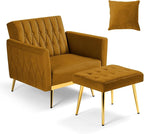 Velvet Accent Chair with Adjustable Armrests and Backrest, Button Tufted Lounge Chair, Single Recliner Armchair with Ottoman and Pillow for Living Room, Bedroom, Ginger