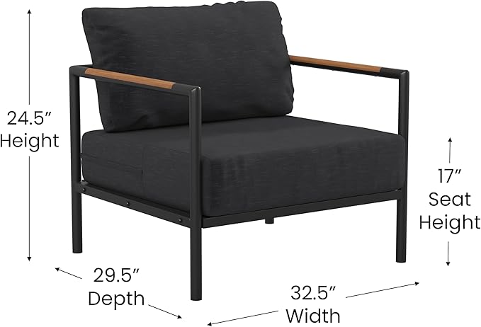 Flash Furniture Lea Indoor/Outdoor Patio Chair with Cushions - Modern Aluminum Framed Chair with Teak Accented Arms, Black with Charcoal Cushions