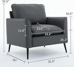 YISHENG Mid-Century Modern Living Room Accent Chairs Set of 2 - Oversized Faux Leather Armchairs with Removable Cushions & Metal Legs, Comfortable Sofas for Office/Lounge/Bedroom/Reception,Gray