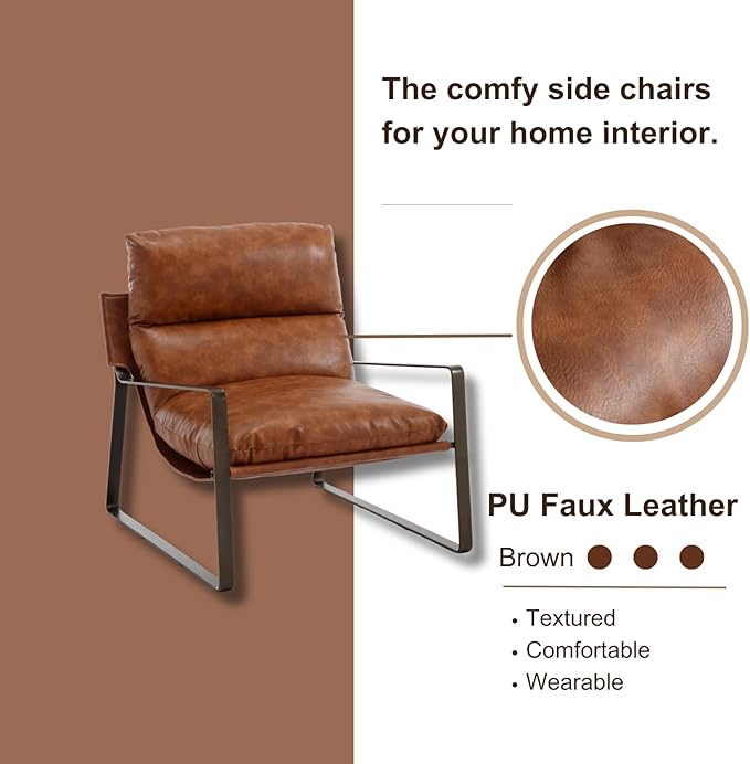 HEAH-YO Modern Accent Chairs Set of 2, Upholstered PU Fuax Leather Living Room Chairs with Bronze Metal Legs, Comfy Arm Side Chairs for Bedroom, Brown