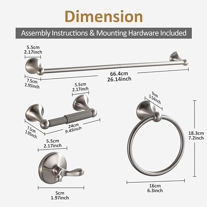 BGL Bathroom Accessories Set, Glossy Stain Nickel Expandable Towel Bar 4-Piece Bathroom Accessory Set Wall Mounted Towel Ring Robe Hook Toilet Paper Holder Towel Holder