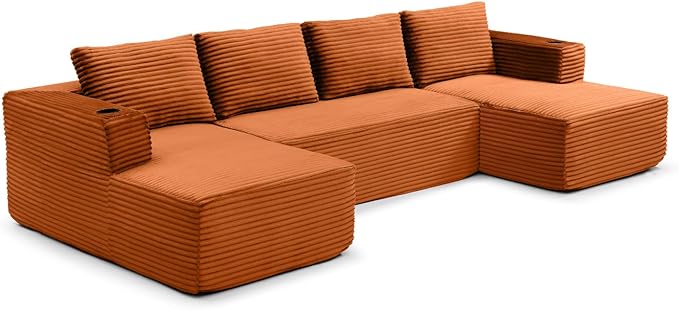 132 Inch Modular Sectional Sleeper Sofa, Boneless Cloud Couch for Living Room, U Shaped 5 Seat Sofa with 2 Cup Holders, Free Combination, No Assembly Required (Orange)