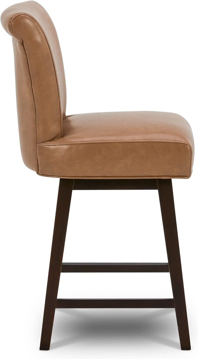 CHITA 26 Inch Counter Height Swivel Bar Stool, FSC Certified Modern Upholstered Faux Leather Swivel Barstool Chair with Back,Saddle Brown