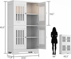 PARTPHONER Bathroom Floor Storage Cabinet with Cabinet Lights, Modern Storage Cabinet with 4 Doors and Adjustable Shelves, Buffer Hinges, White Pantry Cabinet for Living Room & Kitchen