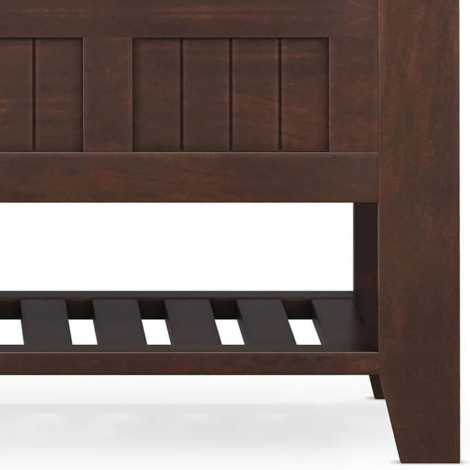 SIMPLIHOME Acadian Entryway Storage Bench - 48 inch Wide Solid Wood Hallway Seat with Shelf in Brunette Brown, Transitional Bench for Entryway or Living Room with Open Storage and Slatted Bottom