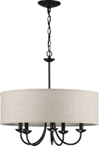 Progress Lighting Drum Shade Collection Five-Light Chandelier, Farmhouse Style Hanging Ceiling Light Fixture for Dining Rooms, Foyers, Harvest Linen Shade, Matte Black