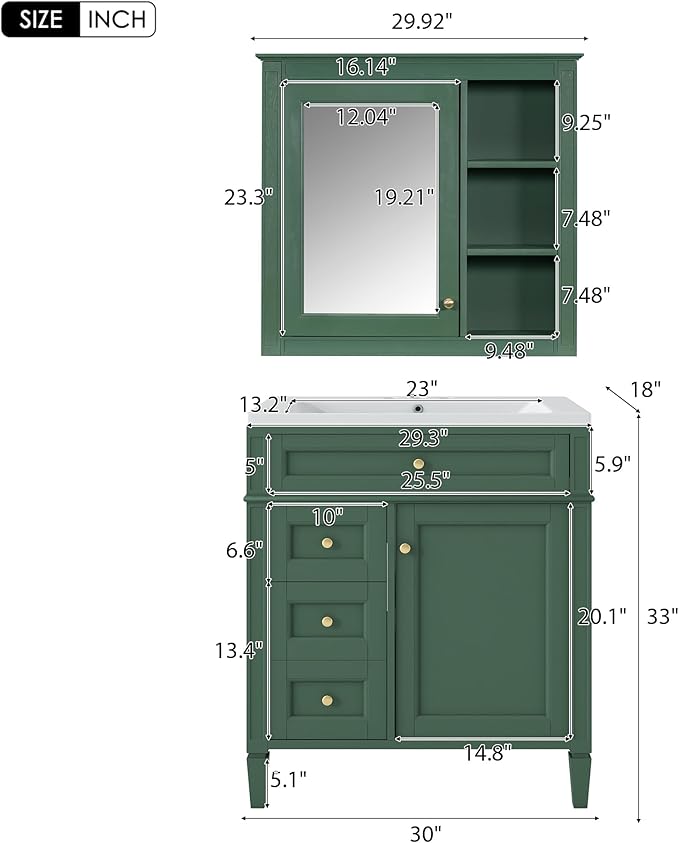 30" Bathroom Vanity with Matching Medicine Cabinet, Modern Sink Storage Cabinet with Drawers, Soft Closing Doors and Shelf, Bathroom Vanities with Sink & Mirror