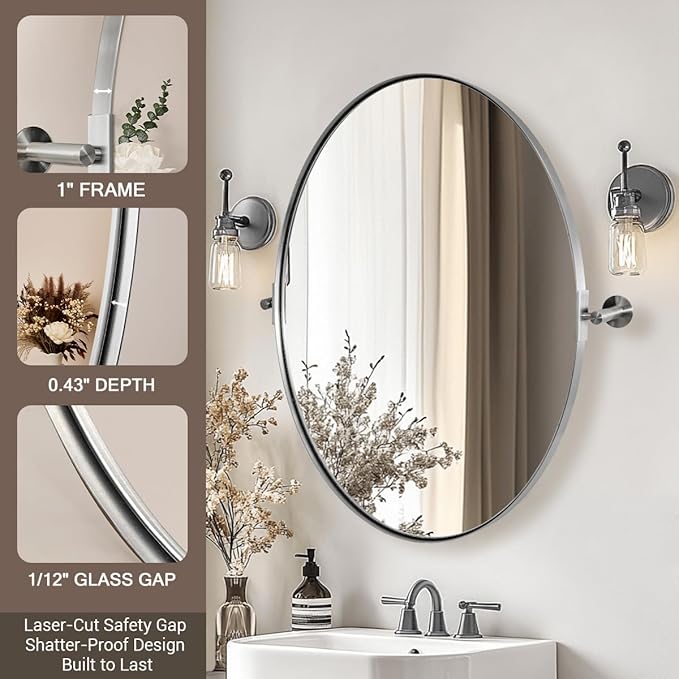 ANDY STAR Brushed Nickel Bathroom Mirror, 22 x 34 Inch Oval Pivot Mirror for Wall, Unique Farmhouse Tilt Mirror in Slim Silver Stainless Steel Metal Frame for Bedroom, Powder Room