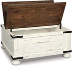 Signature Design by Ashley Wystfield Farmhouse Square Storage Coffee Table with Hinged Lift Top, Distressed White
