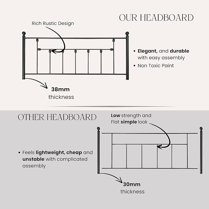 Victorian Metal Headboards, Adjustable Height Iron Frame, Rustic Farmhouse Style, Elegant and Durable Design, Easy Assembly, Universal Fit for Kids & Adults, Queen Size, Black Finish
